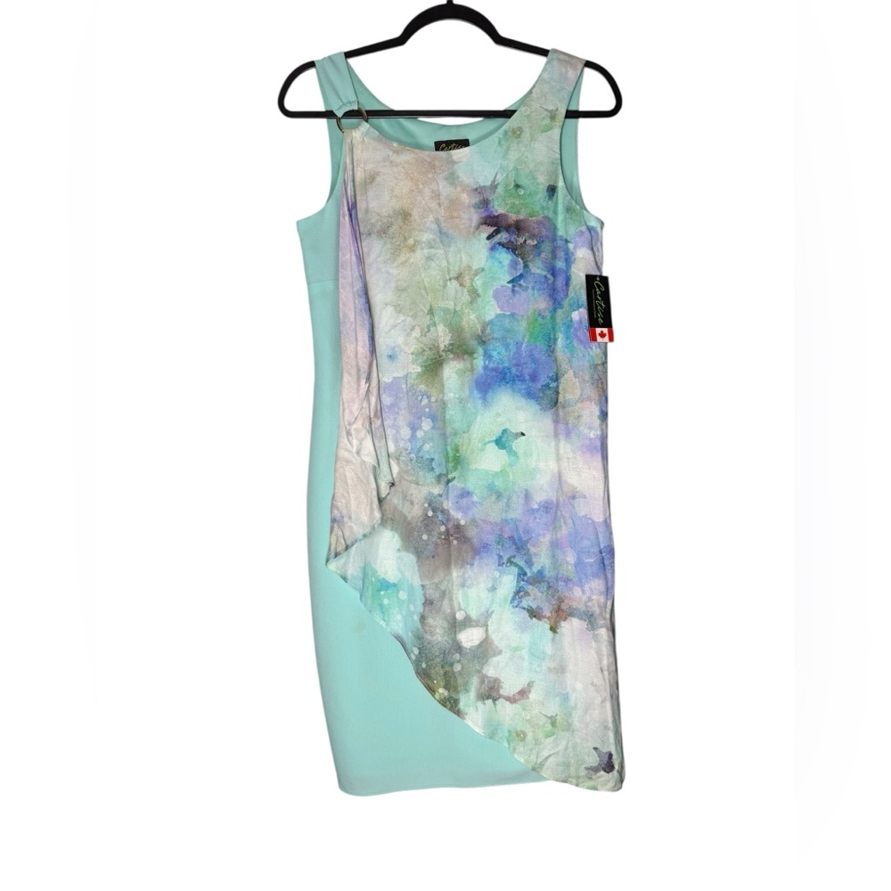 Cartise Dress Womens Sz 6 Overlay Sleeveless Aqua Blue Mint Lilac Watercolor NEW